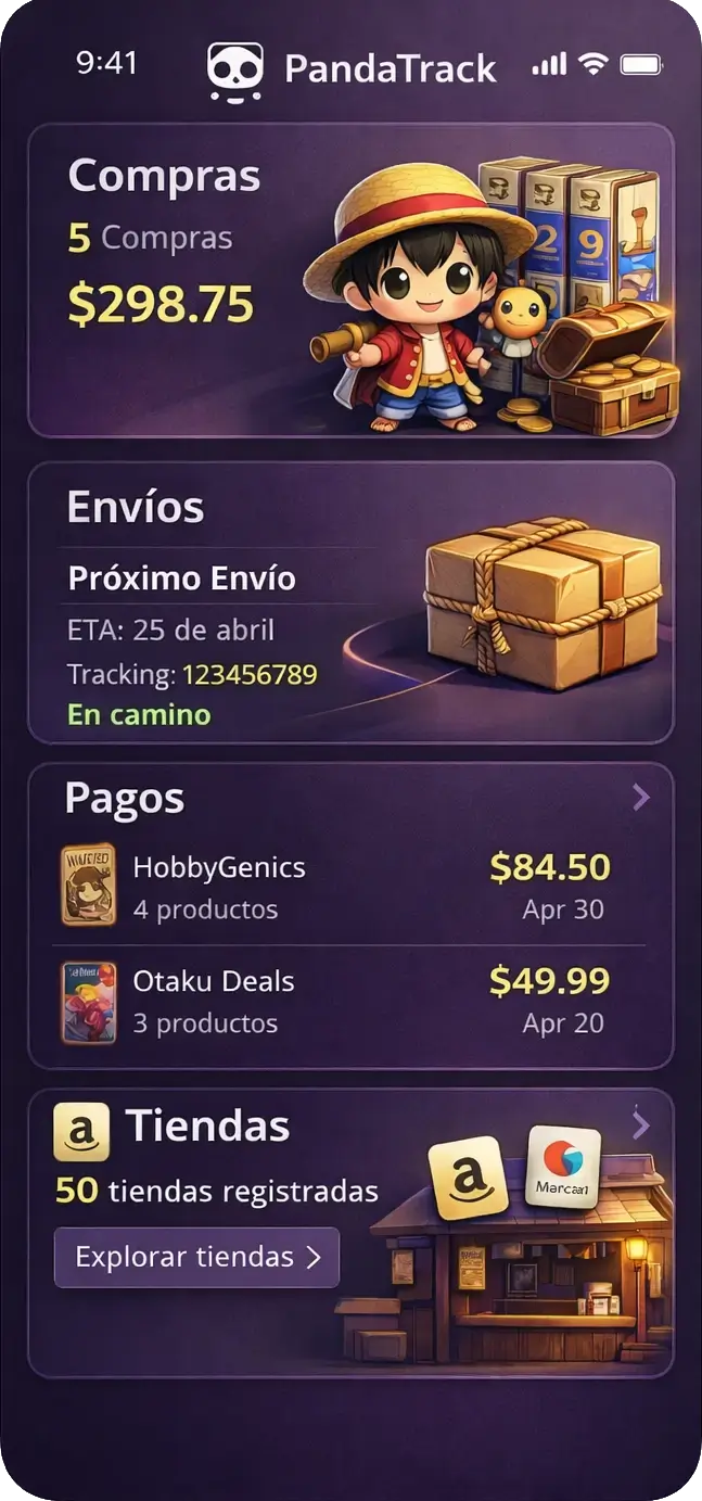 Dashboard de PandaTrack con compras, envíos, pagos y tiendas en un solo lugar
